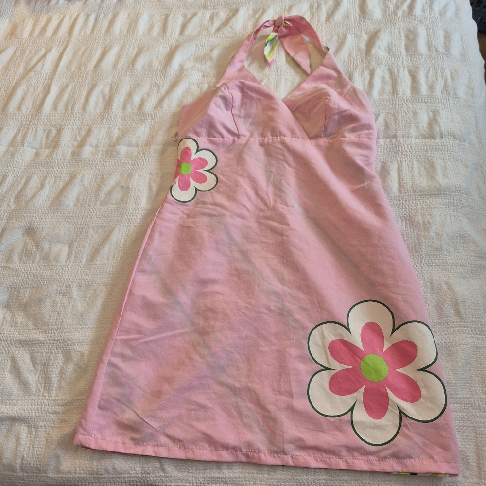 Target women's Medium reversible halter dress pink, green, white flower VGUC